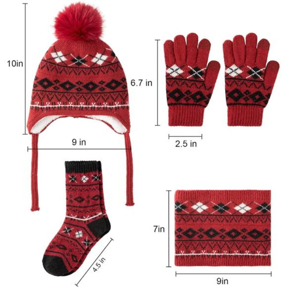 4 Pcs Kids Winter Beanie Hat Gloves Scarf Sock Set - Picture 2 of 7
